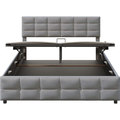 Lit parapluie 180x200 cm avec sommier à lattes, lit hydraulique simple, velours hollandais gris, mécanisme relevable, couchage confortable, design moderne. (1/5)