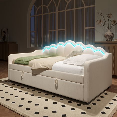 Gutent – Canapé-lit hydraulique 90x200 cm – Velours beige avec espace de rangement – Barres lumineuses LED colorées – Hauteur 87 cm (1/5)