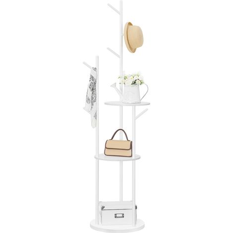Portemanteau pour couloir, porte-manteau autoportant avec 6 crochets et 3 étagères de rangement, arbre d'entrée pour chambre à coucher, bureau, industriel, Blanc (1/5)