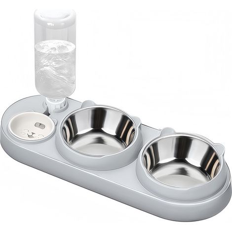 Bol pour Chat avec Distributeur d'Eau Automatique et Gamelles Doubles en Acier Inoxydable (1/5)