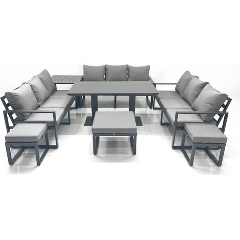 Fimous 12 Seater Garden Sofa Set Aluminium Furniture Rising Dining Tabe Set with Side Table 3 Footstools Dark Grey (1/5)
