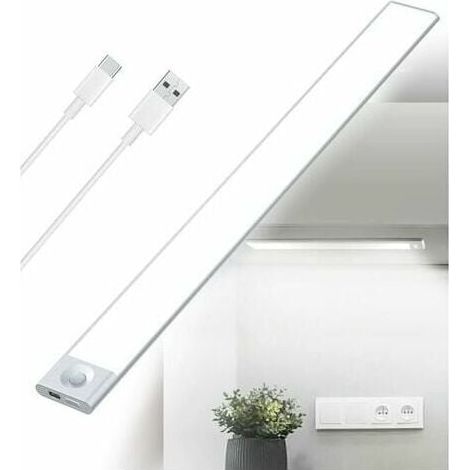 Barre LED Rechargeable USB 40cm pour Cuisine, Éclairage Sous Meuble Tricolore Dimmable, Capteur de Mouvement PIR, Lampe de Placard Sans Fil 2500mAh, Veilleuse à Pile pour Escalier (1/4)