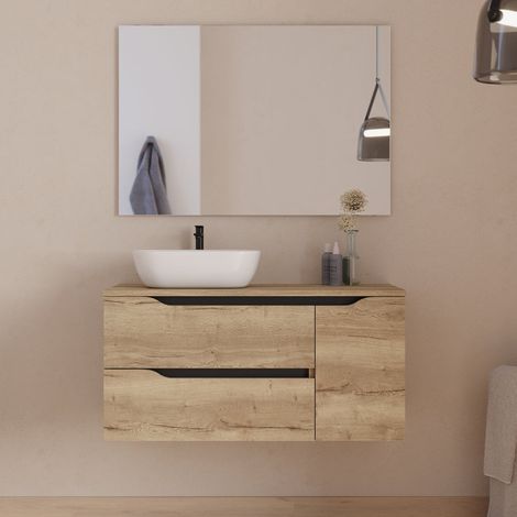 Meuble de salle de bain 100cm avec plateau, vasque à poser déportée à gauche Zeus et miroir - 2 tiroirs et un placard - madera miel (bois clair) - ZARZA