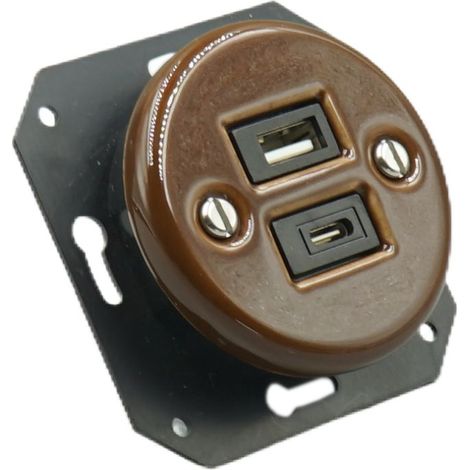 Prise USB encastrée, porcelaine brune, type A + type C, 2,4 A, 12 W