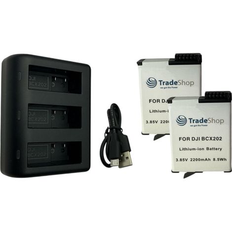 Trade-Shop 3in1 Set: 2x Akku 2100mAh + USB-C LCD Dreifach-Ladegerät kompatibel mit DJI Osmo Action 3 / 4 / 5, BCX202, BCX204 / Action-Kamera Zubehör (1/5)