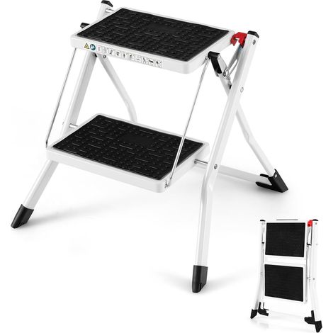 GOPLUS Escabeau à 2 Marches,Charge 150KG,Marchepied Pliable en Métal avec Pédales Extra Larges et Antidérapantes,Blanc+Noir (1/5)