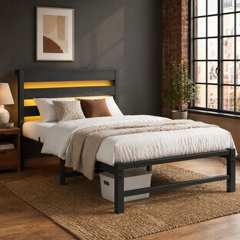 Letto in metallo e legno nero 90x200 cm con LED RGB, USB integrata e spazio contenitore sottoletto (1/5)