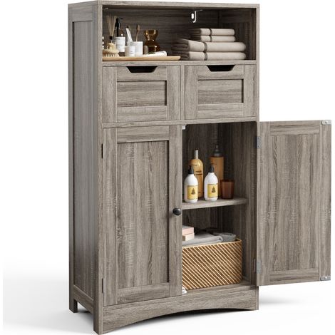 Bealife Meuble Rangement Salle de Bain Armoire Bas Moderne 108cm 2 Tiroirs Modulables Étagères Réglables 2 Portes Gris Clair 60x30x108cm