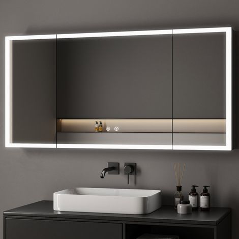 Großer Spiegelschrank Bad mit Beleuchtung 120x60 cm, LED Spiegelschrank mit Beleuchtung Badezimmerschrank Hängeschränke mit 3 Einstellbare Lichtfarben, Beschlagfrei, Komplett Vormontiert, Schwarz (1/5)
