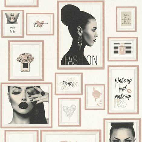 Papel pintado gráfico Profhome 369183 papel pintado no tejido ligeramente texturado de diseño mate rosa negro blanco 5,33 m2