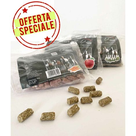 OFFERTA 3 Pacchi Biscotti per cavalli gusti mela, carota, erbe da 750 g cad