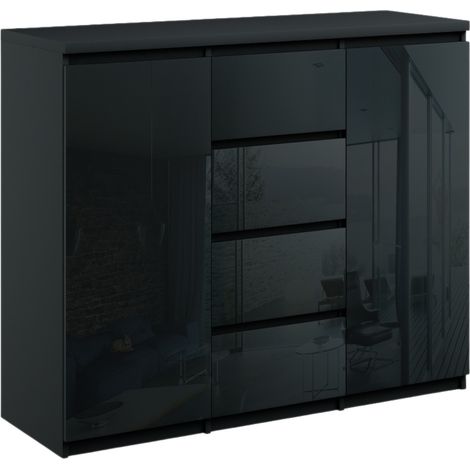 Kommode mit 4 Schubladen 2 Schränke 140cm Klamotenschrank Schwarz Hochglanz (1/3)