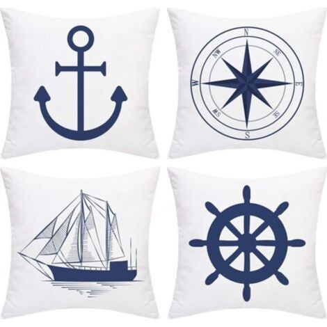 Lot de 4 housses de coussin nautiques - Motif ancre marine - Navigation - Boussole - 45 x 45 cm - Style marin - Blanc et bleu (1/5)