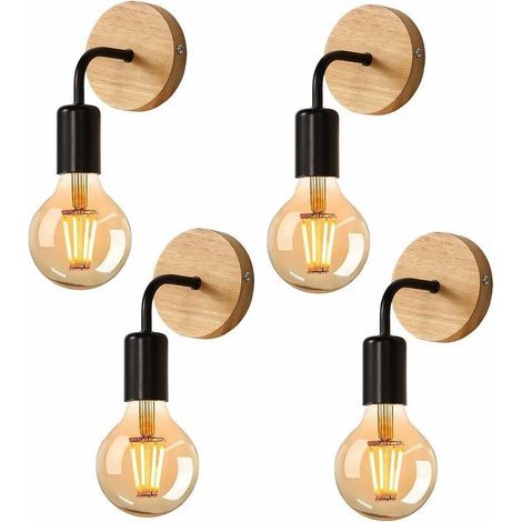 AMXCNOY Applique murale industrielle 4 pièces en fer et bois noir avec douille E27 pour ampoules rétro – idéale pour salon, chambre et escalier (1/5)