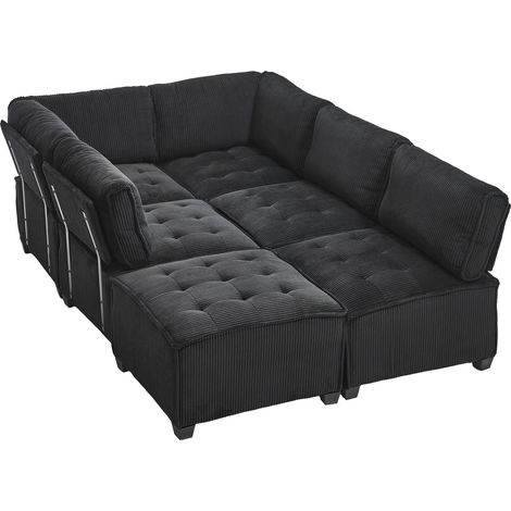 CHICFURN Sofá modular de 308 cm para 6 plazas en pana negra, en U o L, con bolsillos laterales (1/5)
