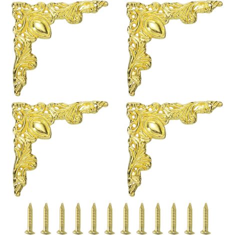 4Pcs Équerre Vintage Plate, 2" x 2" Protecteurs d'Angle de Bureau en Métal en Alliage de Zinc avec Clous de Montage pour Meubles Boîte à Bijoux Boîte Cadeau, Doré (1/5)