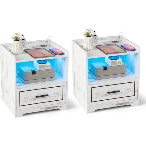 COSTWAY 2er Set Nachttisch mit LED Licht, USB-Anschluss und Typ-C-Ladestation, Nachtschrank mit Bewegungssensor, Beistelltisch mit offenem Fach und Schublade, Nachtkommode für Schlafzimmer, Weiß (1/5)