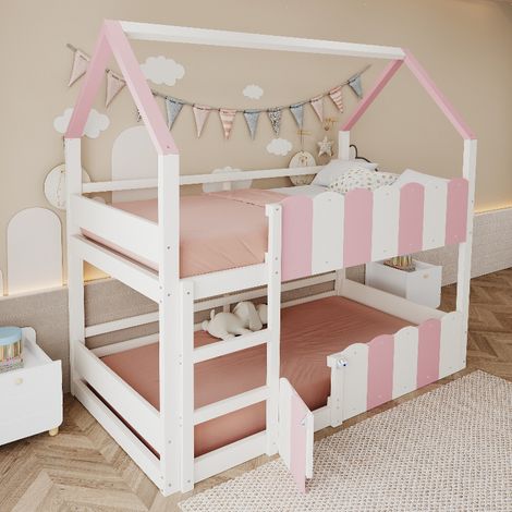 Lit cabane enfant 90x200 cm Rose, Lit superposé avec barrière de sécurité et petite porte, Lit mezzanine fille en bois avec sommier (1/5)