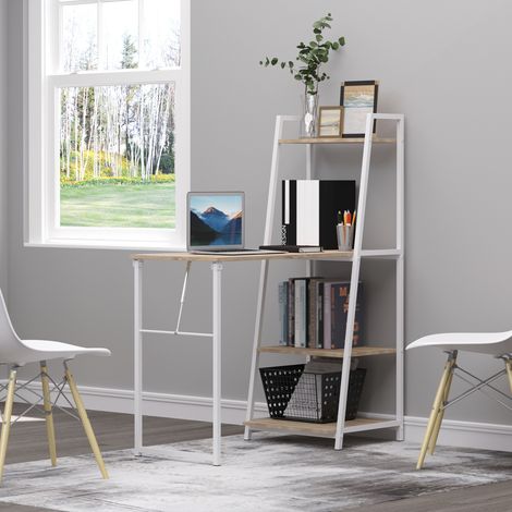 HOMCOM Bureau Pliable Rabattable - Bureau bibliothèque 2 en 1-4 étagères - Imitation Bois chêne Clair métal Blanc