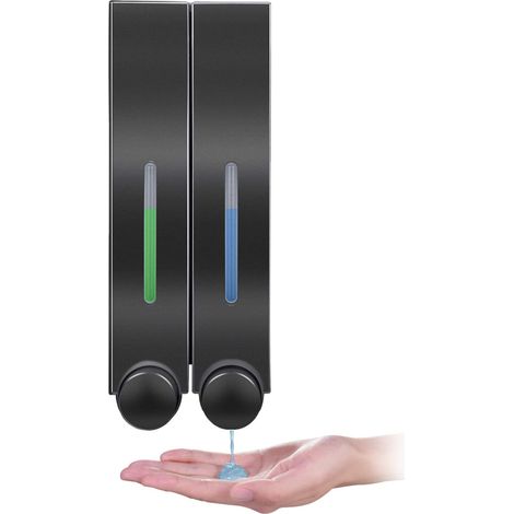 Dispenser di sapone a parete per doccia, lozione, shampoo, gel per bagno, WC, ufficio, bar, ristorante, hotel - Doppio nero (1/5)