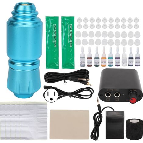 Kit machine tatouage rotatif stylo bleu vert, alimentation RCA 90-265V prise US, pédale cordon clip, lot complet motorisé (1/5)