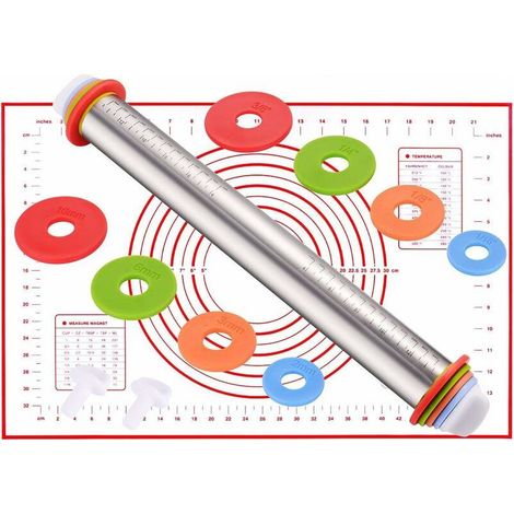 Rodillo de acero inoxidable, rodillo profesional ajustable con 4 discos ajustables y tapete de silicona para hornear fondant. (1/5)