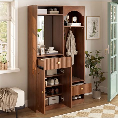 Mueble de entrada con espejo, banco y LED, 100 x 35 x 180 cm, MDF, nogal HAVRYA (1/5)