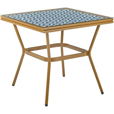Table de Jardin en Rotin PE avec Plateau en Verre Trempé 80 x 80 cm Structure en Aluminium Bleu et Blanc Caspri (1/5)
