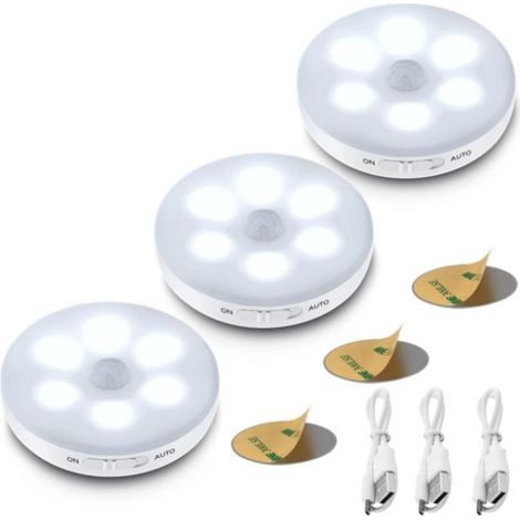 Veilleuse LED Automatique Rechargeable par USB, Lumiere Detecteur de Mouvement Interieur Sans Fil, Blanc Froid, Lampe Adhésive LED pour Escalier, Cuisine, Couloir, Lot de 3 (1/5)