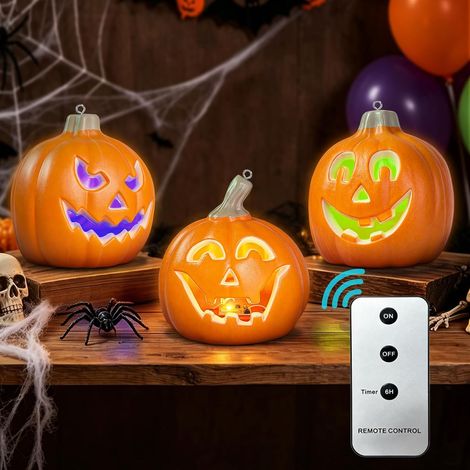3 Pièces Citrouille De Décoration Halloween, Decoration Automne Citrouille Lumineuse Avec Télécommande, 3 Modes D'Éclairage, LED Citrouille Halloween Decoration Exterieur Interieur, Pumpkin Deco Lampe (1/5)