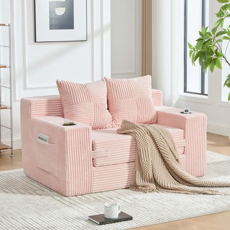 Divano Pouf con Seduta Ampia, Tasche Laterali, Due Cuscini e Braccioli, Velluto a Coste Rosa (1/5)