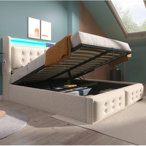 Bett 140x200 cm gepolstert mit Kopfteil, USB-C und Steckdosen, LED, Stauraum mit Gasdruckfeder, beige, Holz/Metall (1/5)