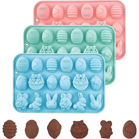 Moule à pâtisserie en silicone pour Pâques - Lot de 3 - Moule en silicone pour chocolats, fondant et glaçons - Couleurs pastel (1/5)