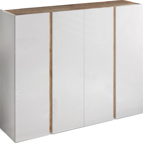 armadio multiuso basso con 4 ante e 10 ripiani bianco laccato e rovere, 140x35x111 cm (1/5)