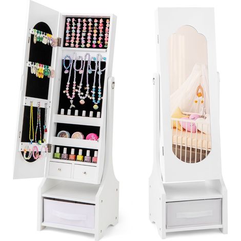 Armadio portagioie per bambine regalo compleanno natale ragazze Specchio da toilette bambini ganci ripiani cassetti Bianco (1/5)