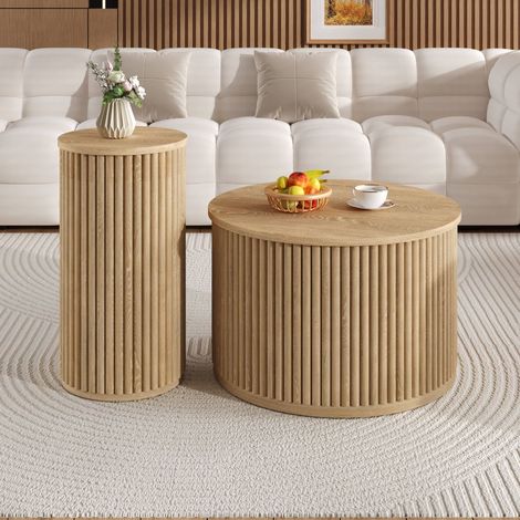 Lot de 2 table basse gigogne - table basse ronde - avec plateaux en bois - 60x38.5/30x56cm - Naturel (1/5)