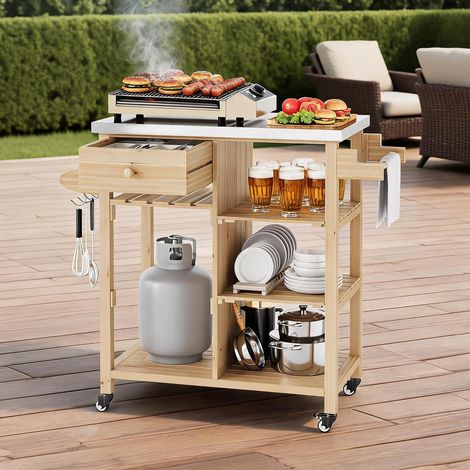 Chariot barbecue extérieur inox sur roulettes, meuble rangement étagère crochets pour terrasse et camping (1/5)