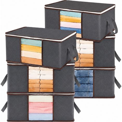 Sac de rangement pliable en non-tissé avec poignée renforcée, grande capacité pour couettes et vêtements sous le lit, lot de 6 (35 cm x 6), version renforcée (1/5)