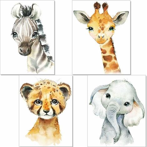 Tableau et toile,Affiches décoration pour Chambre d'enfant- posters de bébé garçon ou Fille-Animaux de safari dans la jungle-décoration Murale,A4 (4 pièces) (1/5)