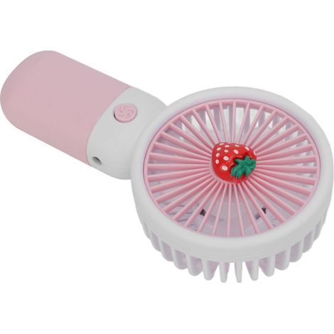 Ventilador portátil recargable por USB, con estampado de fresas y cable, ideal para viajar.