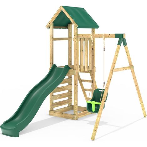 Rebo Adventure Wooden Climbing Frame, Swing Set and Slide - Rosa Green