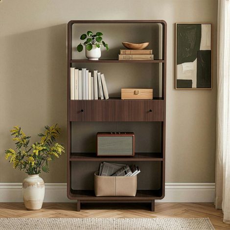 Bibliothèque étagère vintage décor noyer 1 tiroir MARFA (1/5)