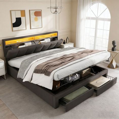 Bett 160x200 mit Lattenrost, Erwachsenenbett, Doppelbettgestell mit 2 Schubladen und LED, Grau (1/5)