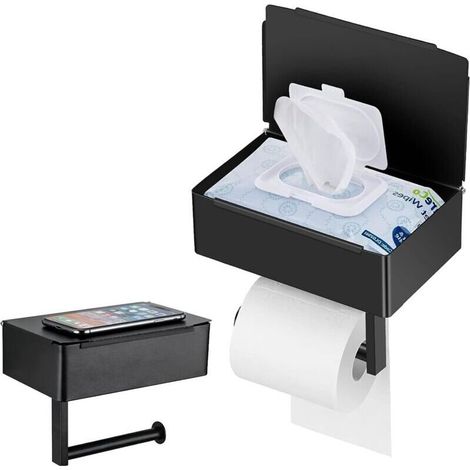 Porte Papier Toilette Mural Auto Adhésif avec Boîte à Mouchoirs, Support Papier Toilette sans Percage en Acier Inoxydable, Noir Mat Organisateur de Salle de Bain avec Plateau (1/4)