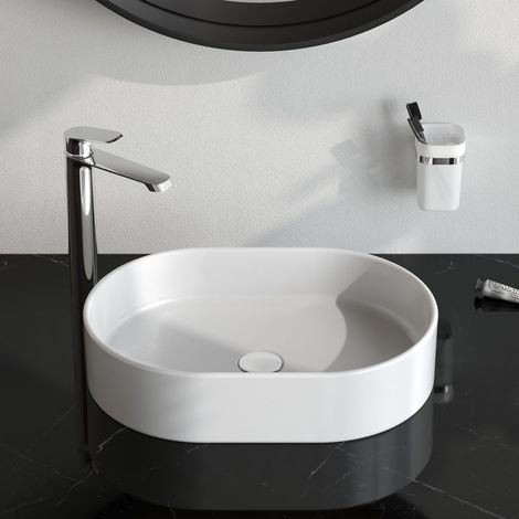 Am.Pm – Vasque à poser ovale en céramique blanche 51 x 35 cm – Design minimaliste – Bord anti-débordement pour nettoyage facile