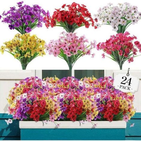 Fleurs artificielles d'extérieur - - Lot de 24 bouquets - 6 couleurs: fuchsia, violet, blanc, rose, jaune, rouge (1/3)