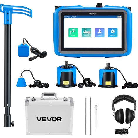 VEVOR Rilevatore di Perdite deAcqua con 4 Sensori, 1Hz-10000Hz, Localizzatore di Perdite Idrauliche Sotterranee con Touchscreen, 3 Aste di Sscolto, Cuffie, Scheda da 8 GB e Custodia