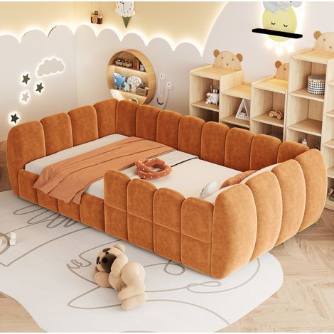 Cama infantil 90x200 cm - Con diseño cerrado y bordes redondeados - En terciopelo - Naranja - Sin colchón (1/4)