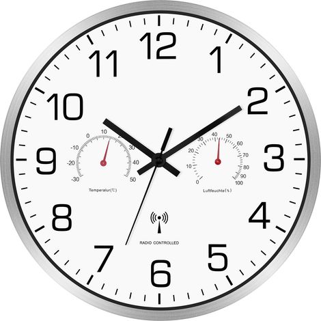 Horloge murale radio-pilotée silencieuse avec thermomètre et hygromètre - 30 cm - Sans bruit de tic-tac - Pour salon, cuisine, bureau - Métal (1/5)