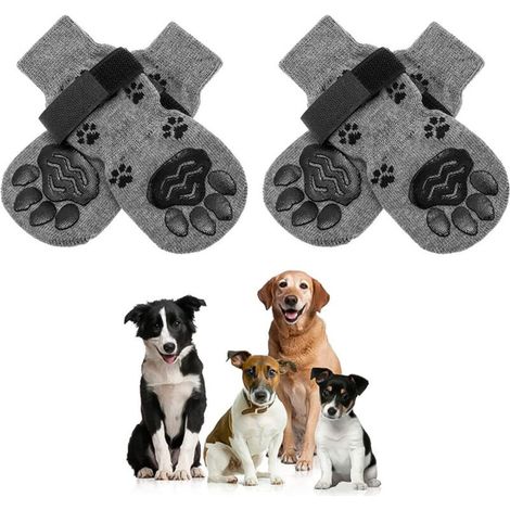 Chaussettes amusantes antidérapantes pour chien avec sangles réglables - Excellent contrôle de traction antidérapant pour les sols en bois dur ou en carrelage. (gris,S) (1/5)